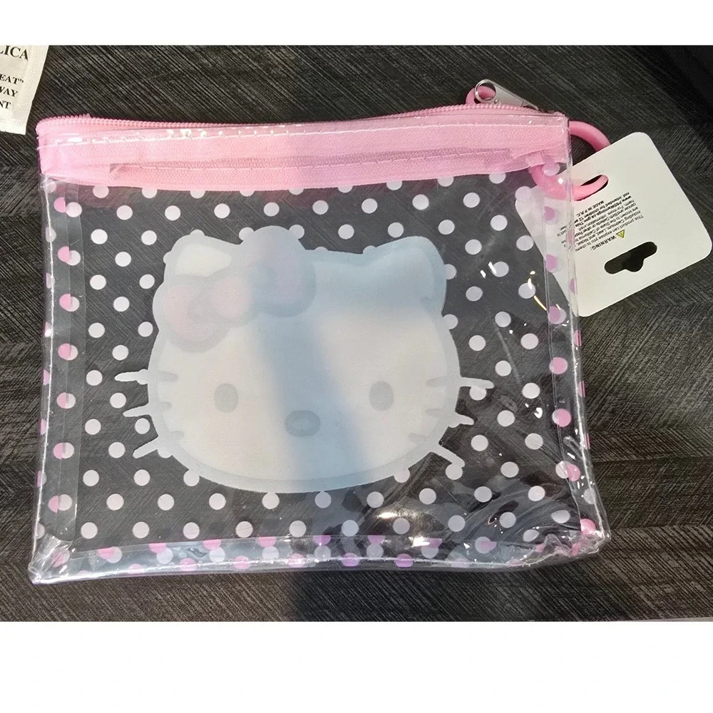 Hello Kitty Clear Pink Polka Dot Cosmetic Pouch Zipper Travel Makeup Bag Sanrio